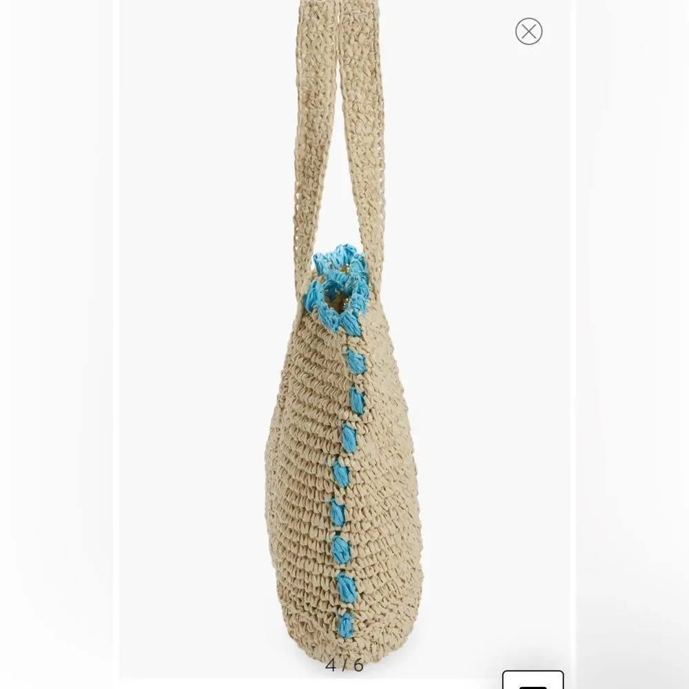 BTB Los Angeles LISBETH POMPOM STRAW TOTE IN AQUA OS NWT 148.00